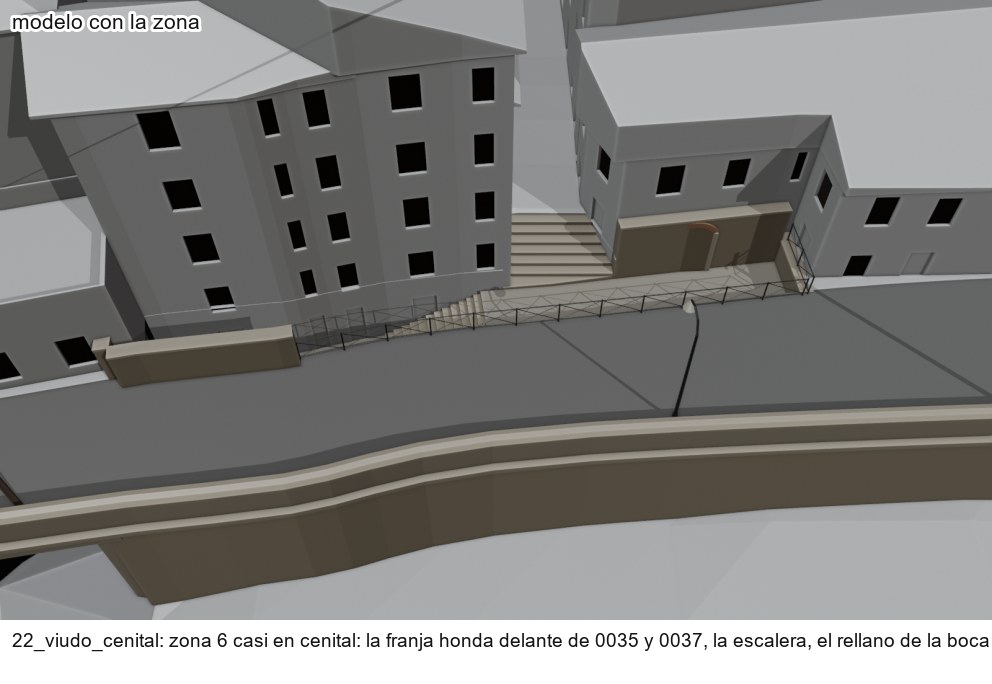 Vista casi cenital del modelo en grises: la franja baja delante de dos casas altas de la calle del Viudo, con su escalera y su barandilla, junto a la carretera de Lo Muro