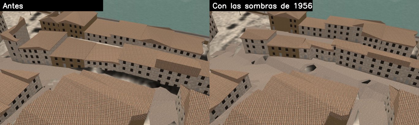 Dos vistas del mismo tramo del modelo, con tejados de teja, antes y después de corregir las fachadas con las sombras de la foto de 1956
