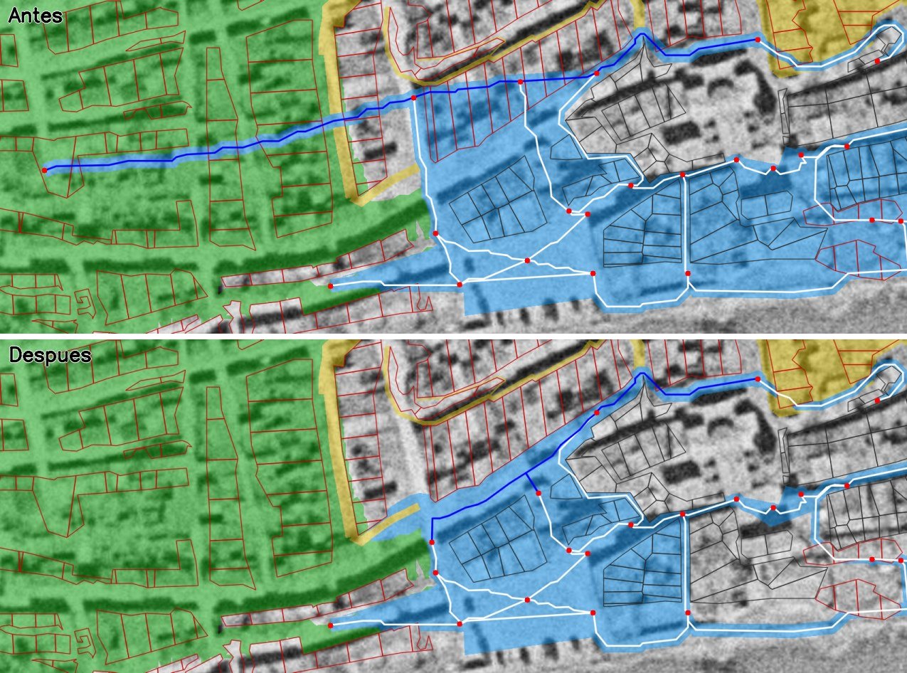 Dos planos de trabajo sobre la foto aérea, antes y después: el eje del Carrer Saragossa en azul y el empedrado del centro en azul claro, entre las manzanas