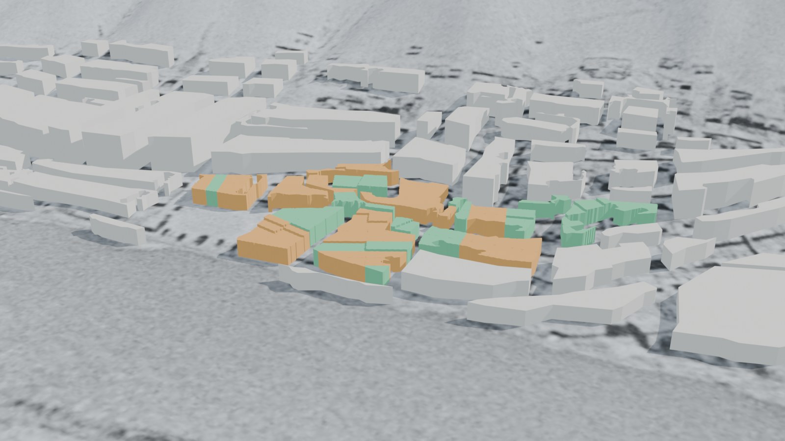 El sector centro en volúmenes grises sobre el relieve, con las casas del piloto en verde y en naranja