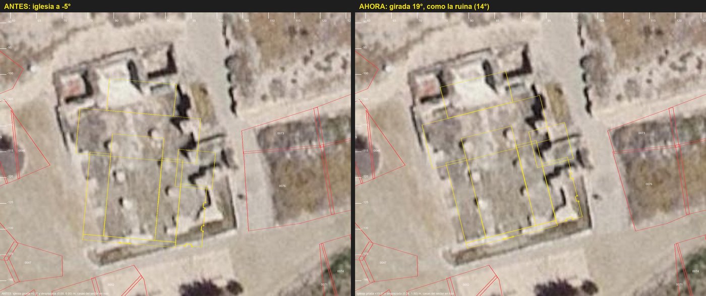 Dos vistas en planta de la ruina de la iglesia en la ortofoto actual, con el contorno del modelo encima: antes, girado; después, sobre los muros