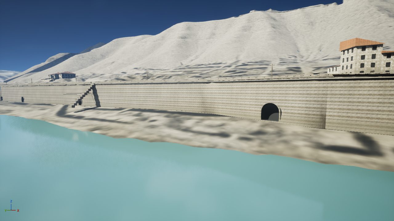 Lo Muro visto desde el río en el modelo: el paramento de piedra, la bajada a la playa y una de las bocas de desagüe