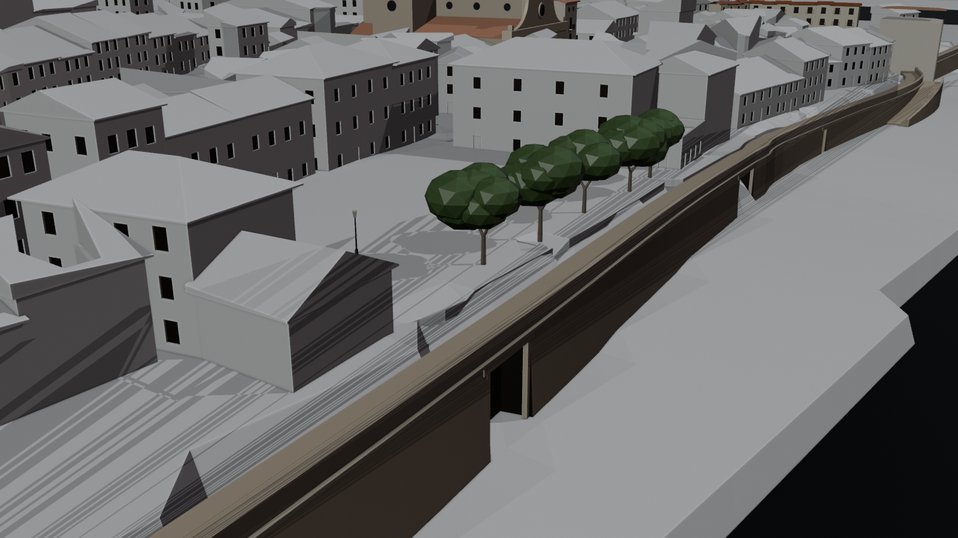 Vista del modelo en grises desde el río: Lo Muro con una boca, el paseo encima y la Plaça d'Armes con sus árboles detrás