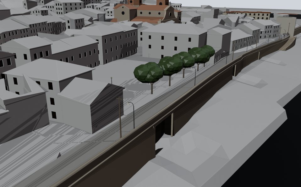 Lo Muro en el modelo, en grises, con la carretera encima, el pretil, las farolas y los árboles de la plaza