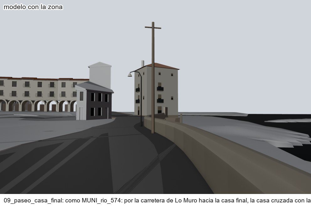 A pie de carretera en el modelo, en grises: Lo Muro hacia la casa final, alta y girada, con un poste del tendido y una farola