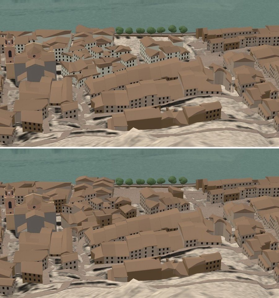 Dos vistas del pueblo entero en el modelo, una encima de otra, antes y ahora, con el río al fondo