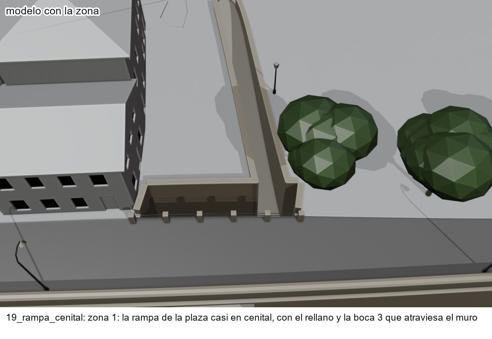 Vista casi cenital del modelo en grises: la rampa de la Plaça d'Armes junto a Lo Muro, con su murete y los árboles de la plaza