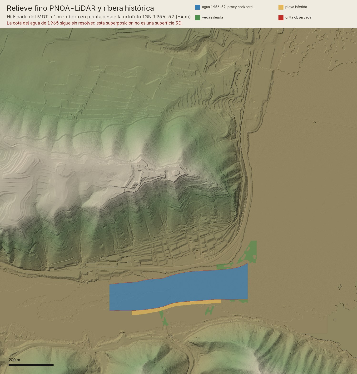 Mapa de relieve sombreado del término, con la lámina del Ebro de 1956-57 en azul junto al pueblo