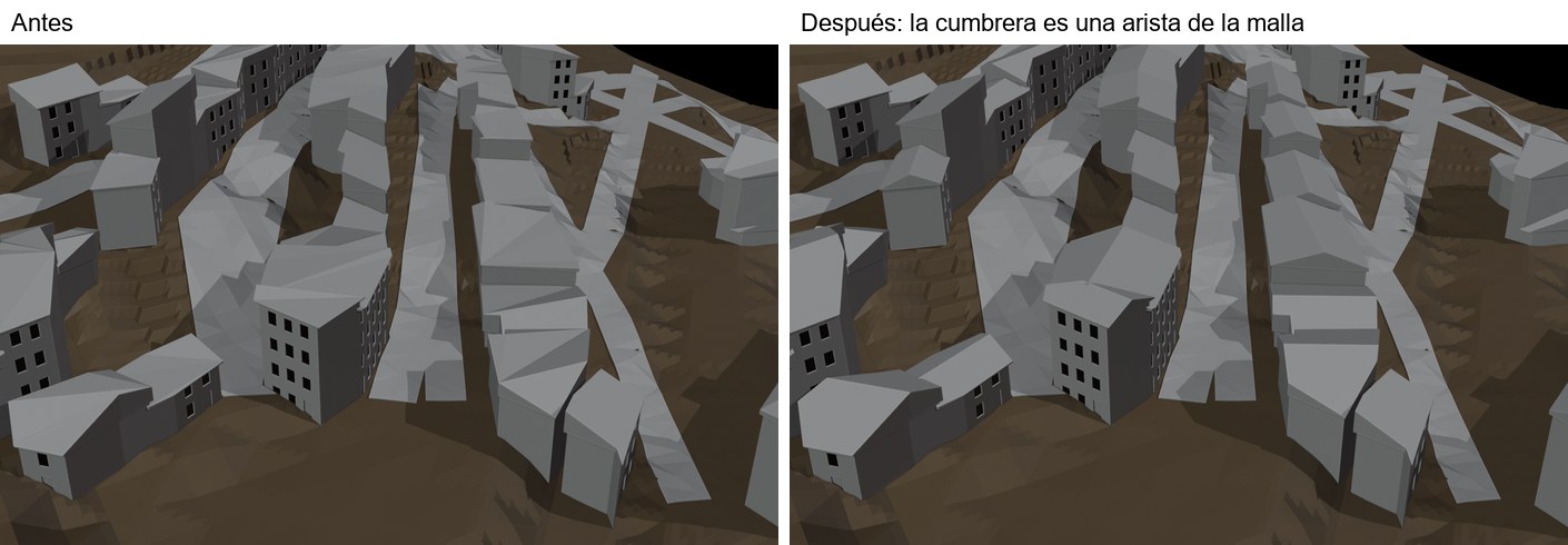 Dos vistas de los tejados del sector este en el modelo, antes y después: los faldones pasan de facetas irregulares a dos aguas limpias