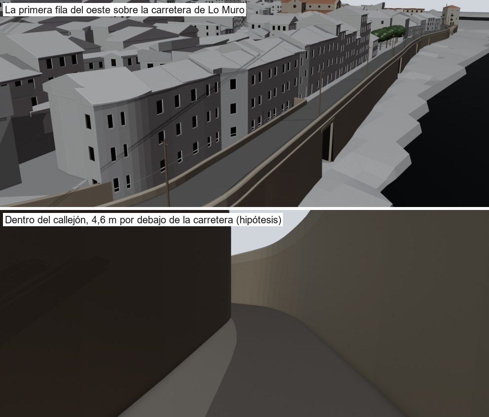 Dos vistas del modelo en grises: la primera fila de casas del oeste junto a la carretera de Lo Muro y, debajo, el callejón entre muros