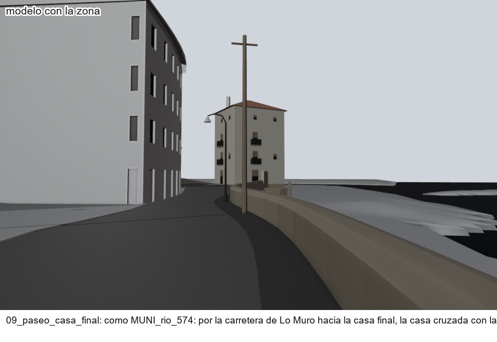 A pie de carretera en el modelo, en grises: el edificio alto de la curva de Lo Muro a la izquierda y la casa final al fondo