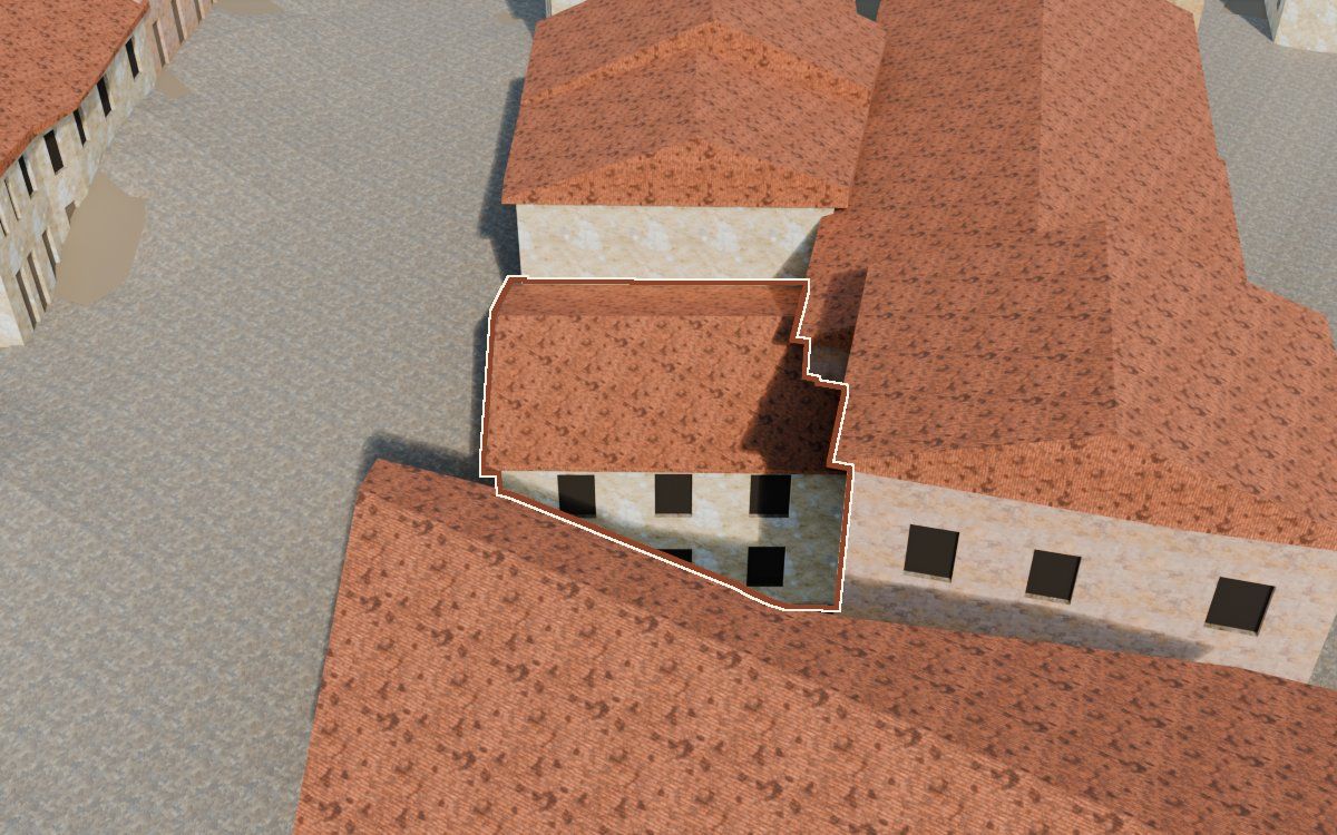 Casa del Carrer Sant Gaetano (Calle San Cayetano) en la reconstrucción 3D, vista desde su calle, con su contorno marcado en teja entre las casas de alrededor