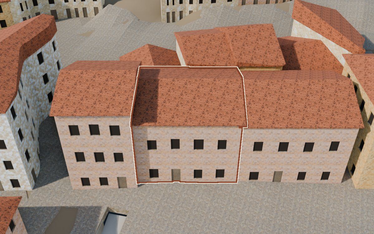Casa de la galería en la reconstrucción 3D, vista desde su calle, con su contorno marcado en teja entre las casas de alrededor