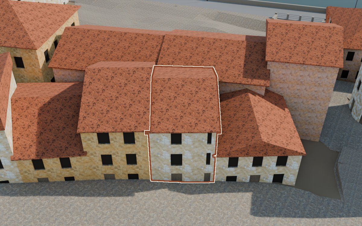 Casa del Carrer Saragossa (Calle Zaragoza) en la reconstrucción 3D, vista desde su calle, con su contorno marcado en teja entre las casas de alrededor