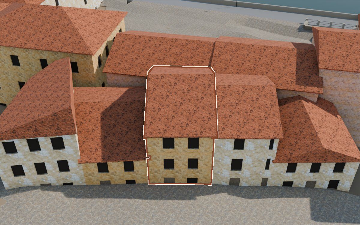 Casa del Carrer Saragossa (Calle Zaragoza) en la reconstrucción 3D, vista desde su calle, con su contorno marcado en teja entre las casas de alrededor