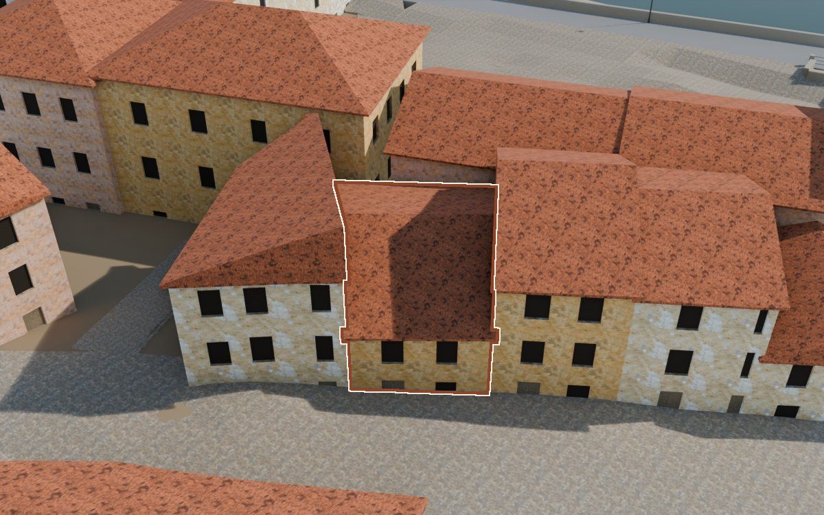 Casa del Carrer Saragossa (Calle Zaragoza) en la reconstrucción 3D, vista desde su calle, con su contorno marcado en teja entre las casas de alrededor