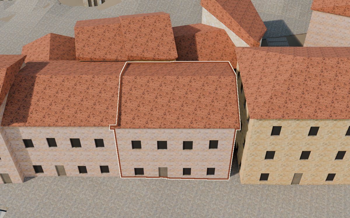 Casa de los óculos en la reconstrucción 3D, vista desde el lado en que mejor se ve, con su contorno marcado en teja entre las casas de alrededor