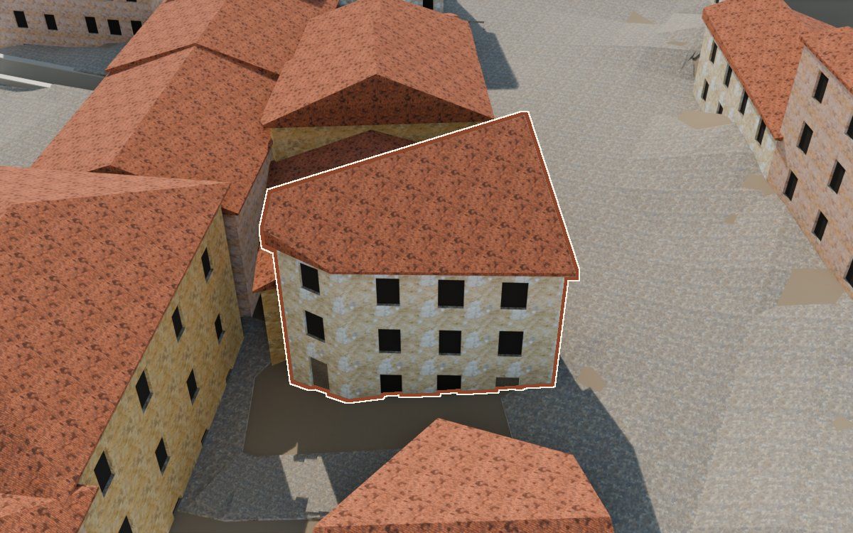 Casa del Carreró del Forn (Callejón del Horno) en la reconstrucción 3D, vista desde su calle, con su contorno marcado en teja entre las casas de alrededor