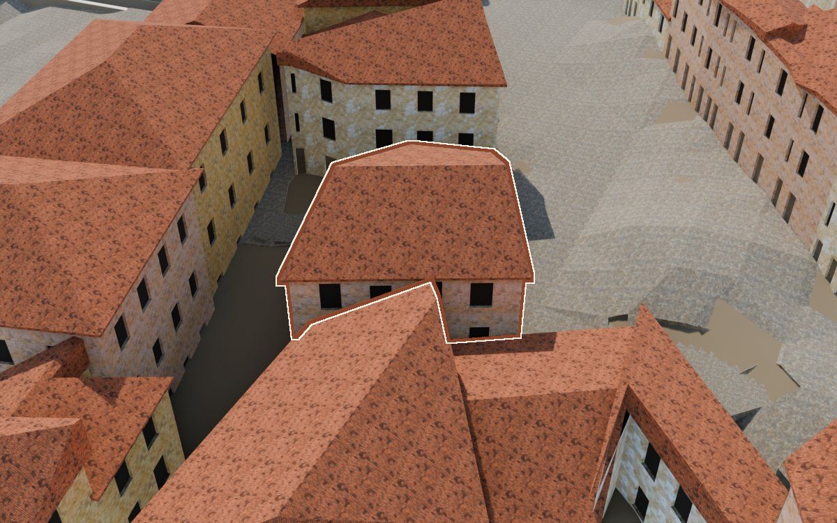Casa de la Costereta del Forn (Cuesta del Horno) en la reconstrucción 3D, vista desde su calle, con su contorno marcado en teja entre las casas de alrededor