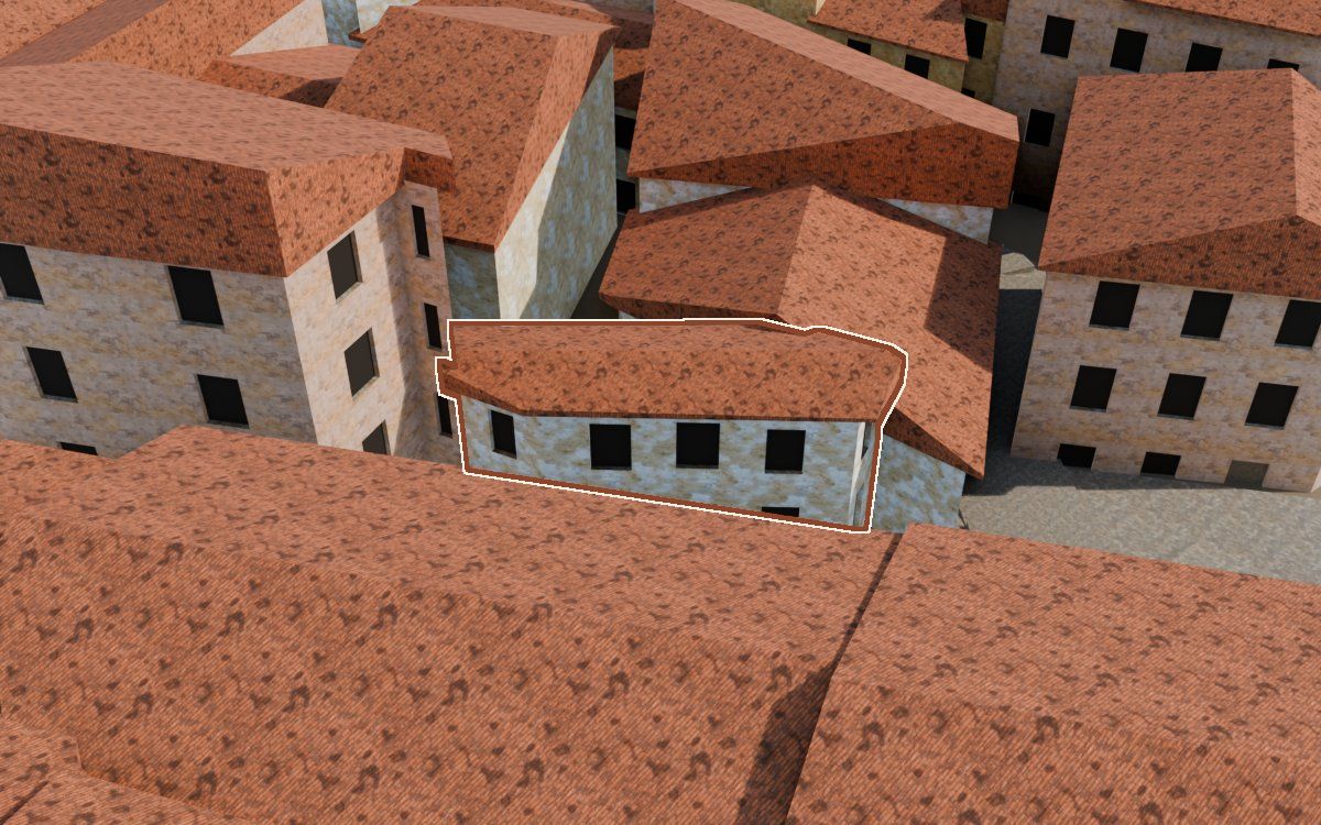 Casa de la Costereta del Forn (Cuesta del Horno) en la reconstrucción 3D, vista desde su calle, con su contorno marcado en teja entre las casas de alrededor