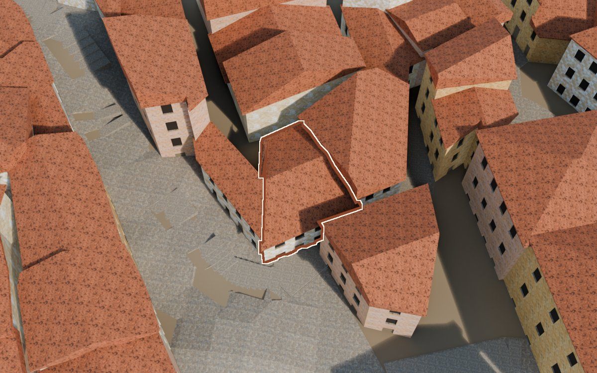 Casa de la Costereta del Forn (Cuesta del Horno) en la reconstrucción 3D, vista desde el lado en que mejor se ve, con su contorno marcado en teja entre las casas de alrededor