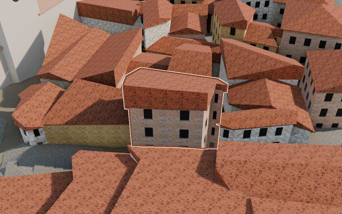 Casa de la Costereta del Forn (Cuesta del Horno) en la reconstrucción 3D, vista desde su calle, con su contorno marcado en teja entre las casas de alrededor