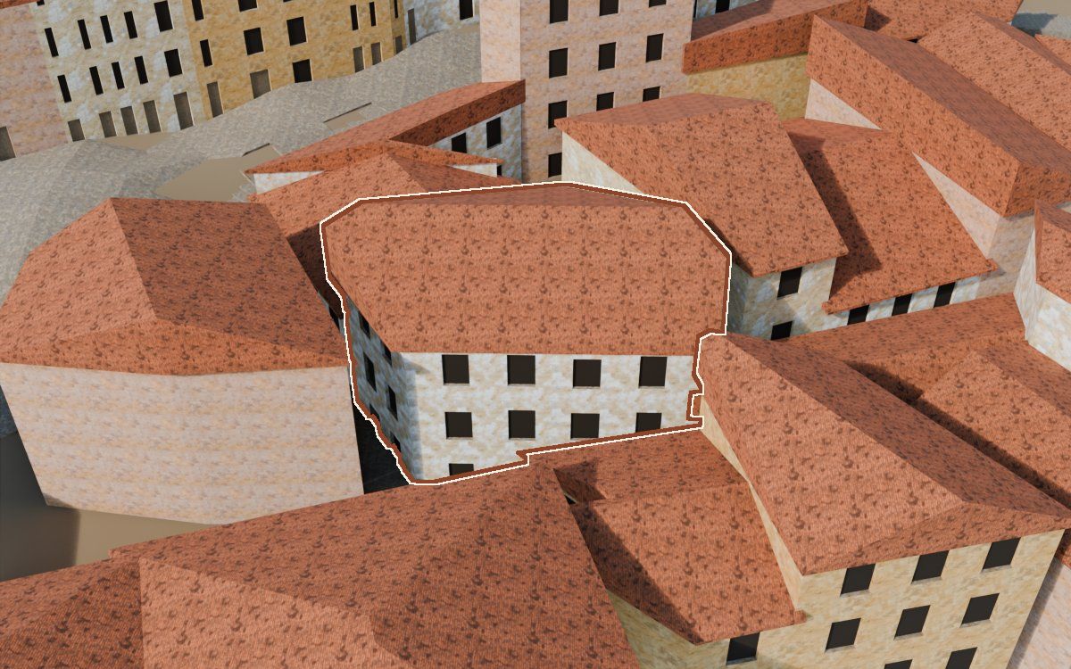Casa de la Costereta del Forn (Cuesta del Horno) en la reconstrucción 3D, vista desde su calle, con su contorno marcado en teja entre las casas de alrededor