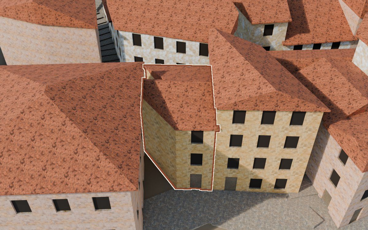Casa de la Costereta del Forn (Cuesta del Horno) en la reconstrucción 3D, vista desde el lado en que mejor se ve, con su contorno marcado en teja entre las casas de alrededor