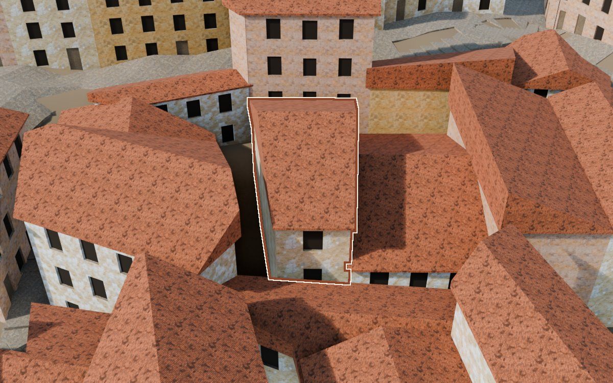 Casa de la Costereta del Forn (Cuesta del Horno) en la reconstrucción 3D, vista desde su calle, con su contorno marcado en teja entre las casas de alrededor