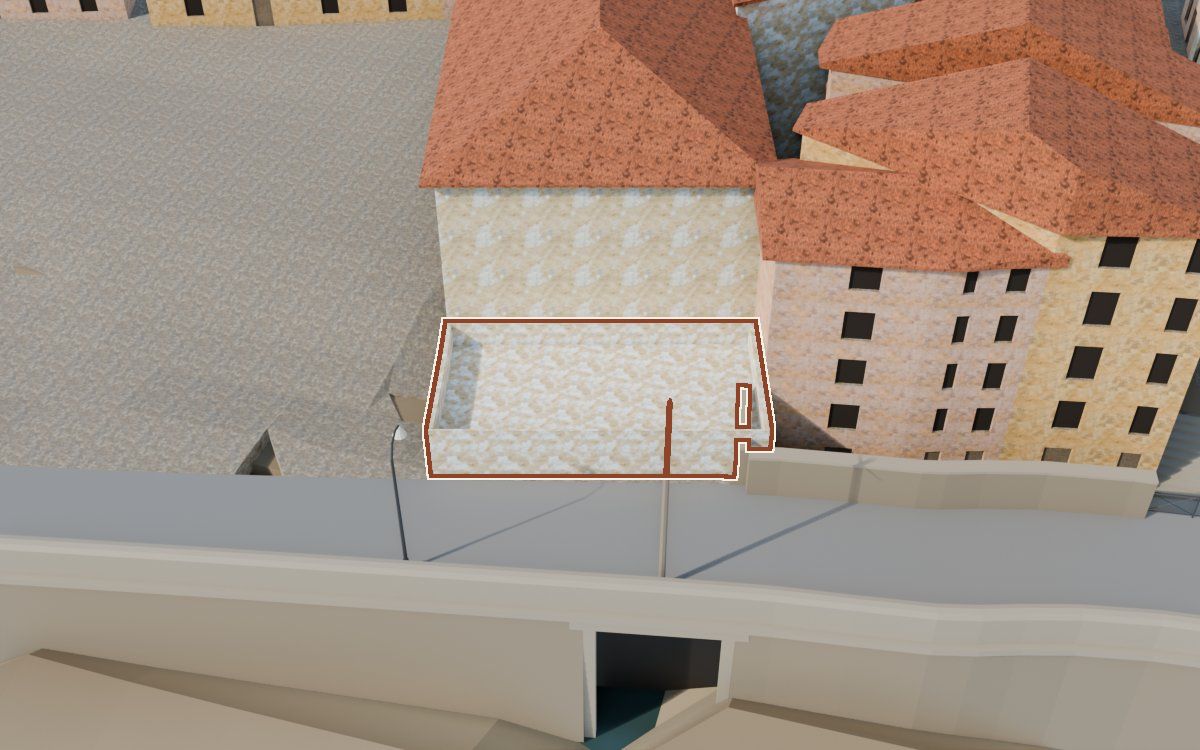 Edificio bajo con terraza en la reconstrucción 3D, vista desde su calle, con su contorno marcado en teja entre las casas de alrededor