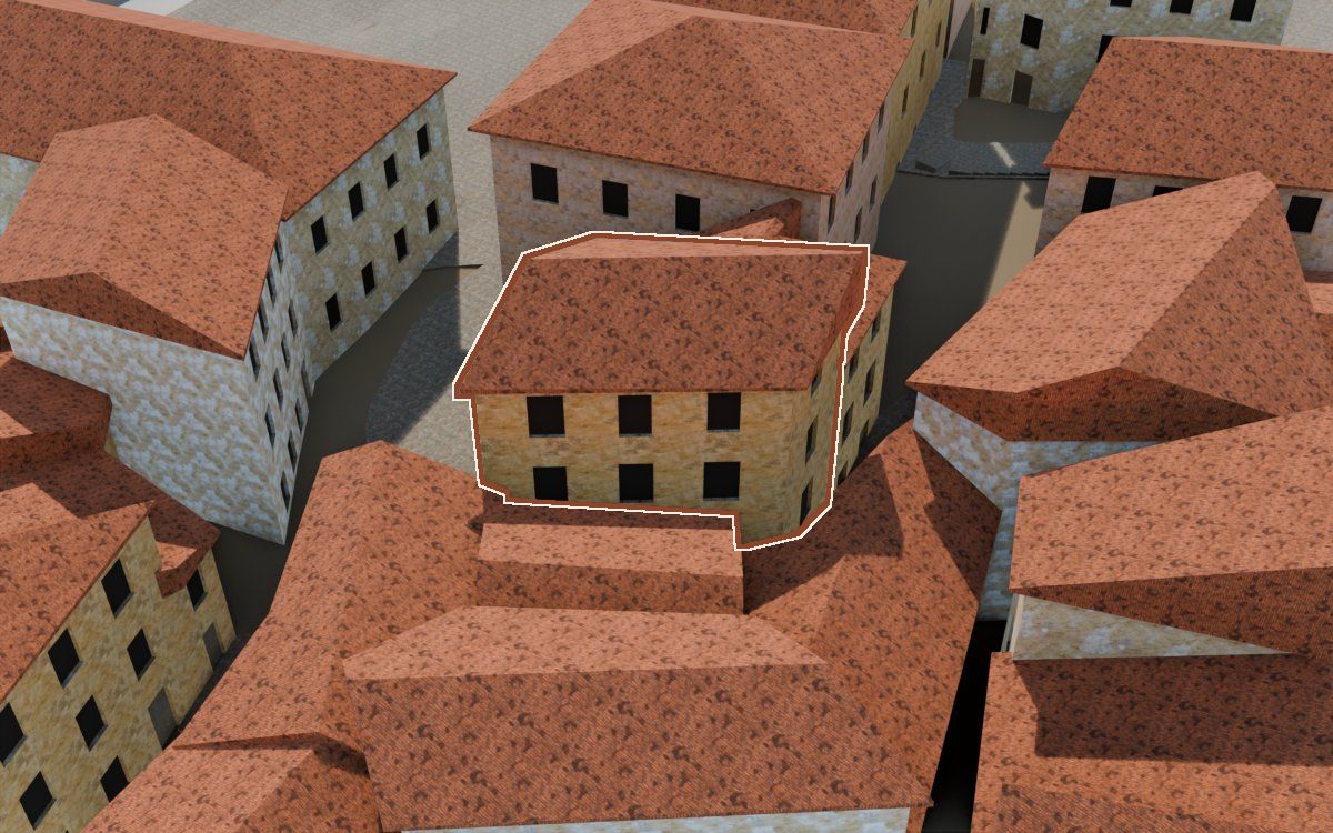 Casa de la Costereta del Forn (Cuesta del Horno) en la reconstrucción 3D, vista desde su calle, con su contorno marcado en teja entre las casas de alrededor