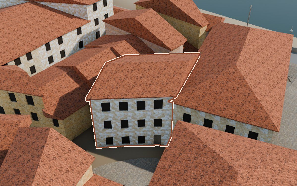 Edificio contiguo al caserón en la calle de la iglesia en la reconstrucción 3D, vista desde su calle, con su contorno marcado en teja entre las casas de alrededor