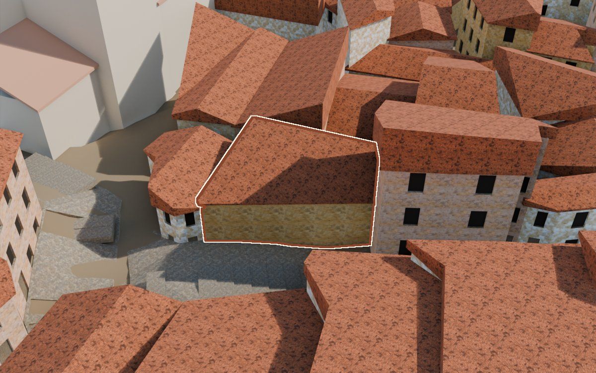 Casa del Carrer Saragossa (Calle Zaragoza) en la reconstrucción 3D, vista desde su calle, con su contorno marcado en teja entre las casas de alrededor