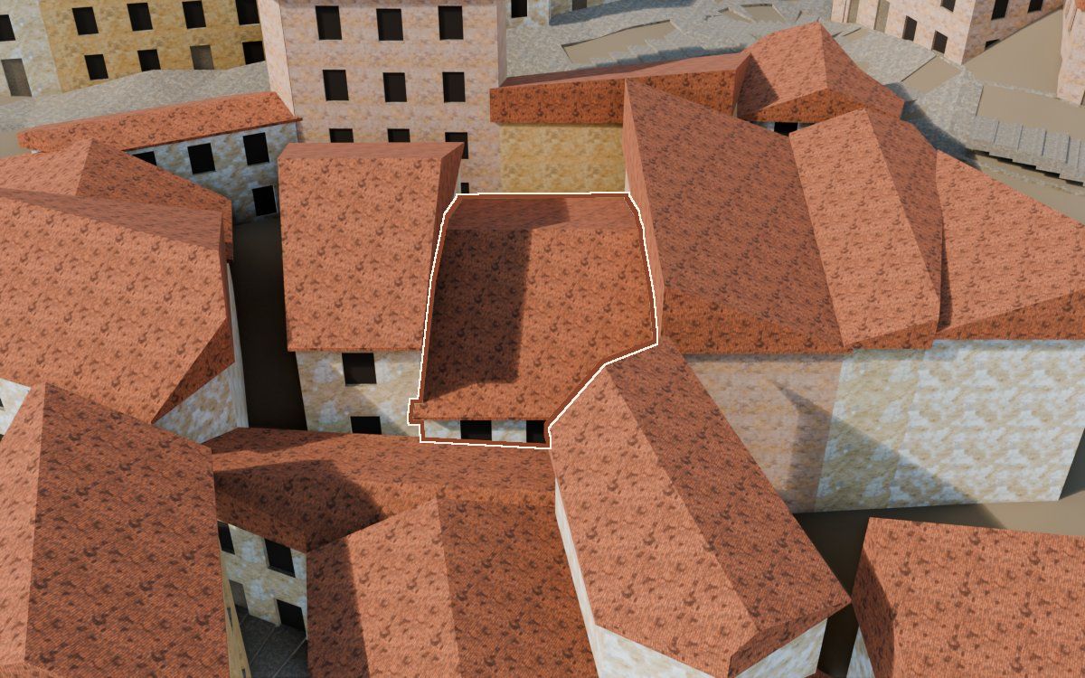 Casa de la Costereta del Forn (Cuesta del Horno) en la reconstrucción 3D, vista desde su calle, con su contorno marcado en teja entre las casas de alrededor