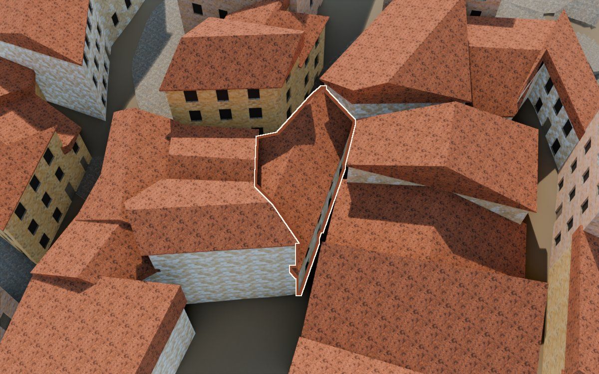 Casa de la Costereta del Forn (Cuesta del Horno) en la reconstrucción 3D, vista desde el lado en que mejor se ve, con su contorno marcado en teja entre las casas de alrededor