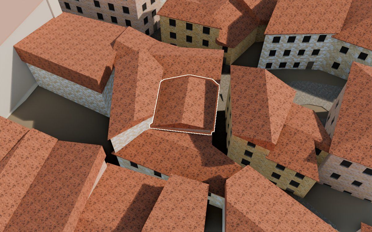 Casa de la Costereta del Forn (Cuesta del Horno) en la reconstrucción 3D, vista desde el lado en que mejor se ve, con su contorno marcado en teja entre las casas de alrededor