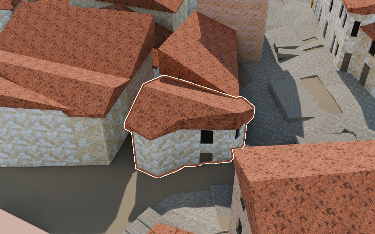 Casa del Carrer Saragossa (Calle Zaragoza) en la reconstrucción 3D, vista desde su calle, con su contorno marcado en teja entre las casas de alrededor