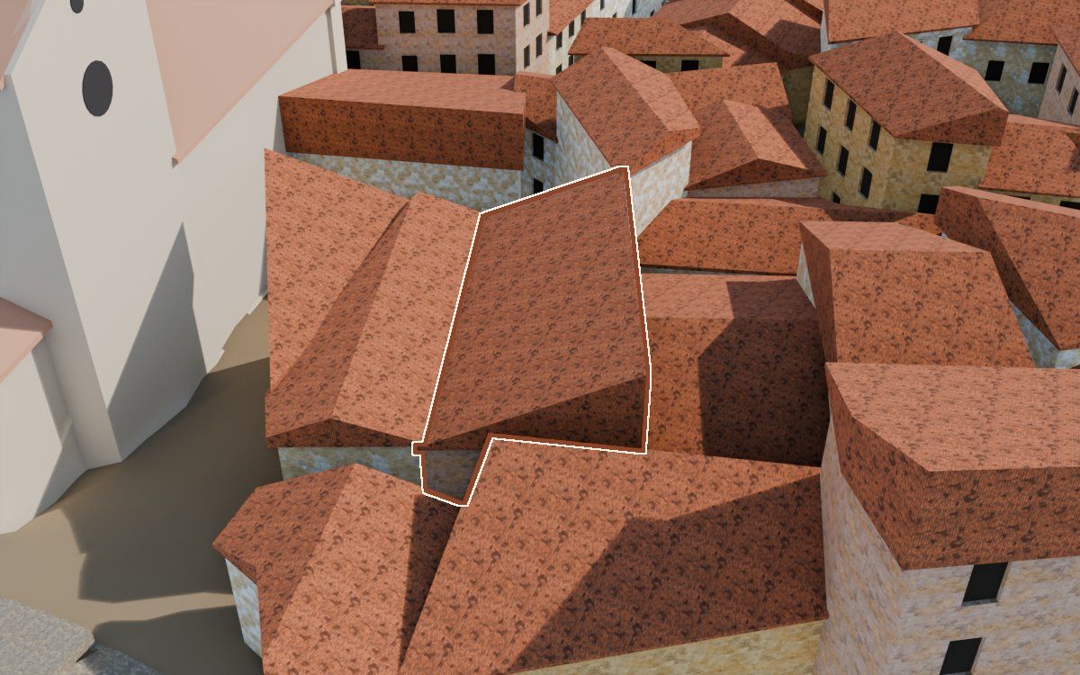 Casa cerca del Carrer Saragossa (Calle Zaragoza) en la reconstrucción 3D, vista desde su calle, con su contorno marcado en teja entre las casas de alrededor