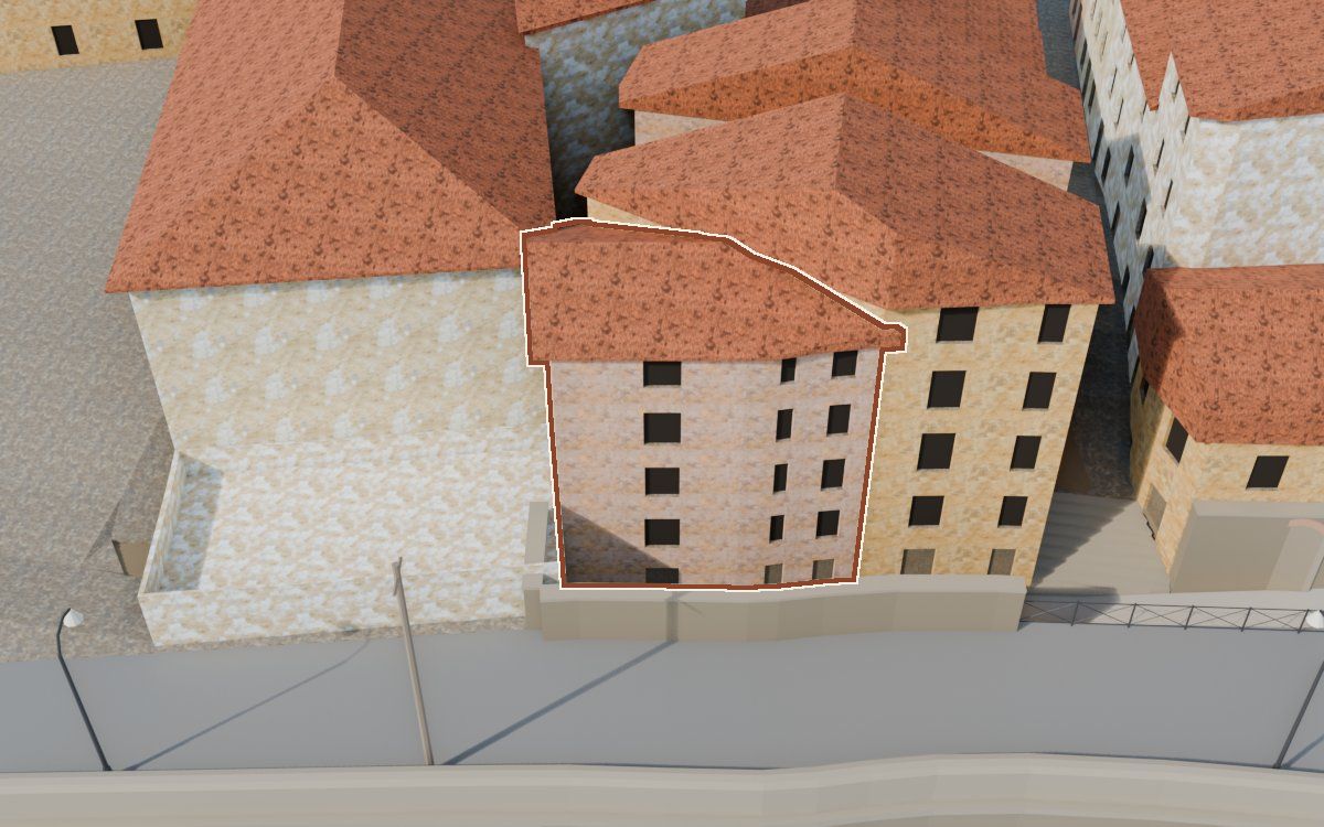 Casa de Lo Muro (El Muro) en la reconstrucción 3D, vista desde su calle, con su contorno marcado en teja entre las casas de alrededor