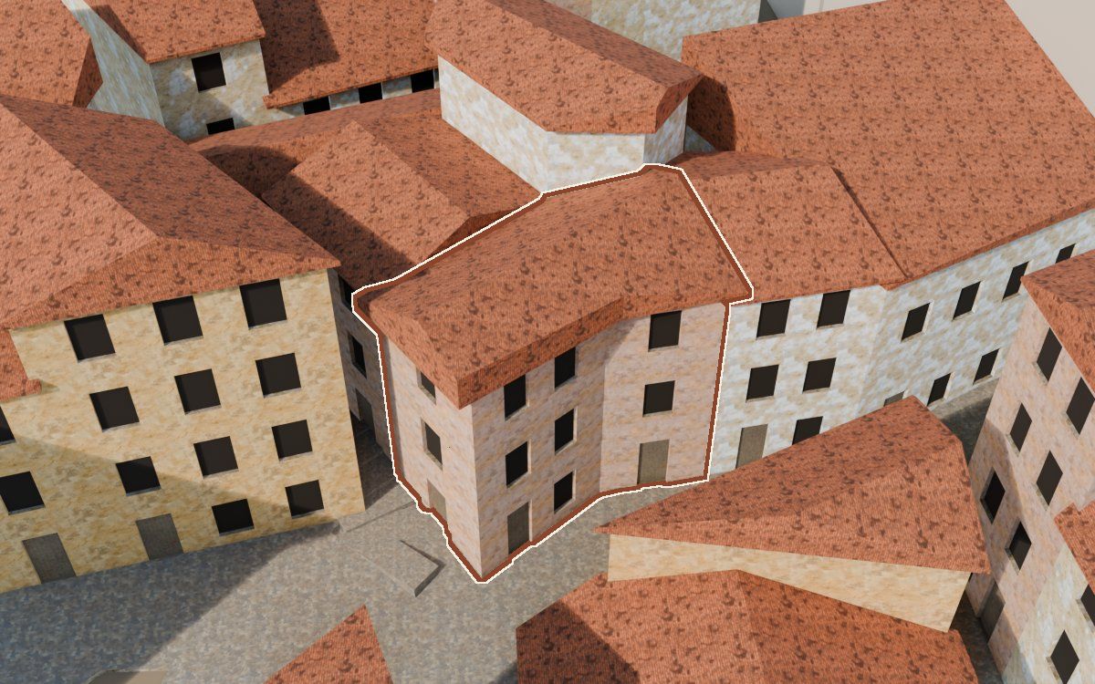 Casa del Carrer de la Iglésia (Calle de la Iglesia) en la reconstrucción 3D, vista desde el lado en que mejor se ve, con su contorno marcado en teja entre las casas de alrededor