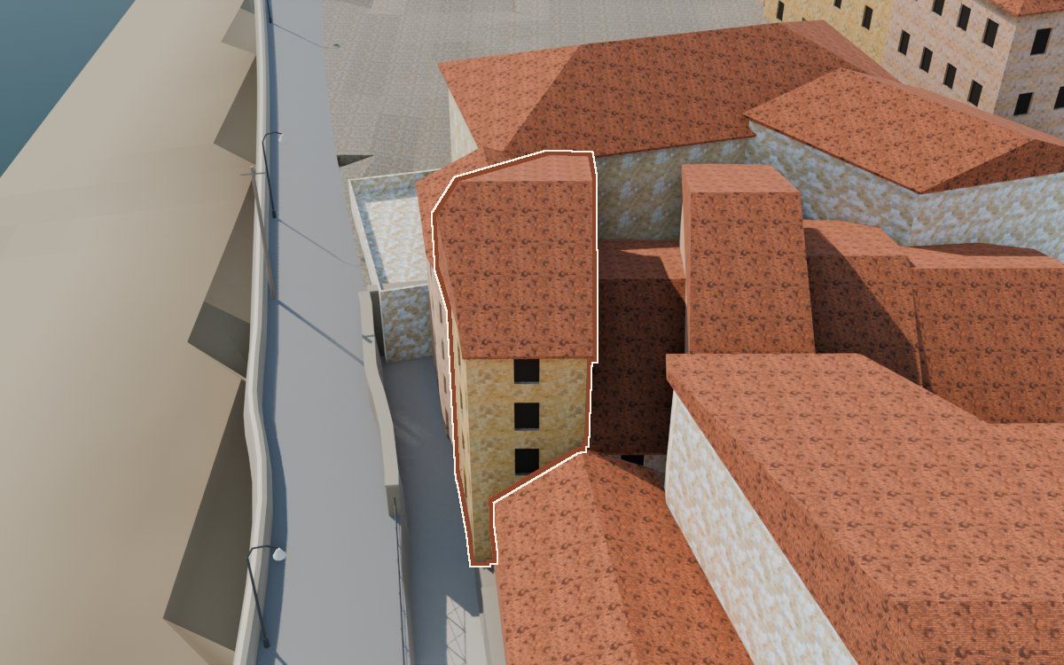 Casa de Lo Muro (El Muro) en la reconstrucción 3D, vista desde su calle, con su contorno marcado en teja entre las casas de alrededor