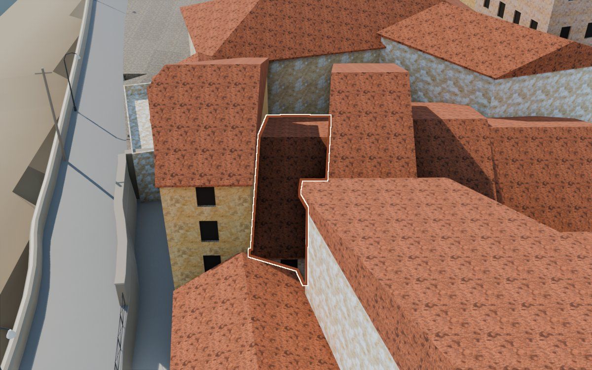 Casa del Carrer del Viudo (Calle del Viudo) en la reconstrucción 3D, vista desde su calle, con su contorno marcado en teja entre las casas de alrededor