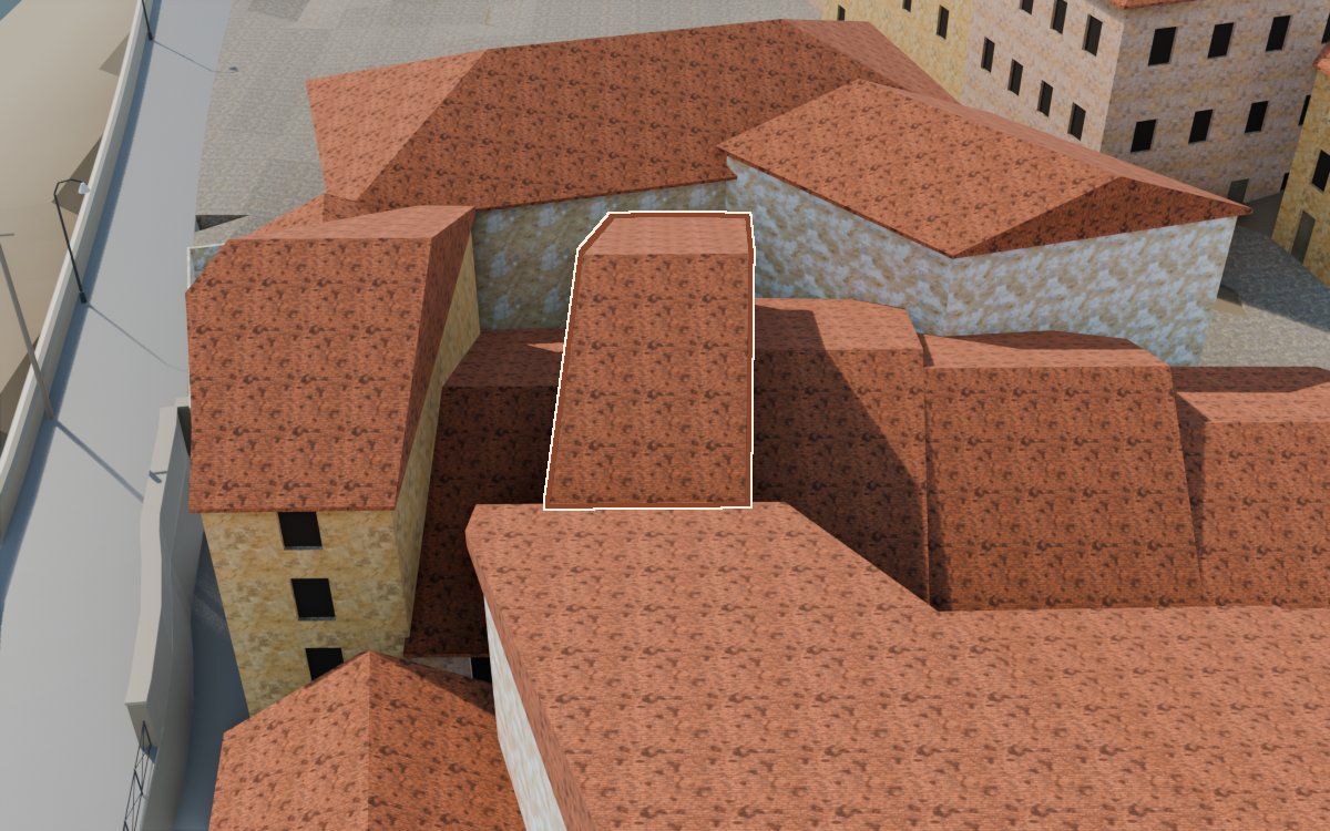 Casa del Carrer del Viudo (Calle del Viudo) en la reconstrucción 3D, vista desde su calle, con su contorno marcado en teja entre las casas de alrededor