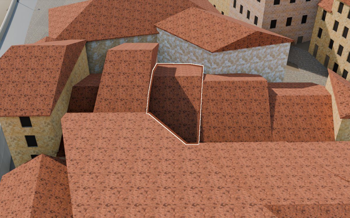 Casa del Carrer del Viudo (Calle del Viudo) en la reconstrucción 3D, vista desde su calle, con su contorno marcado en teja entre las casas de alrededor