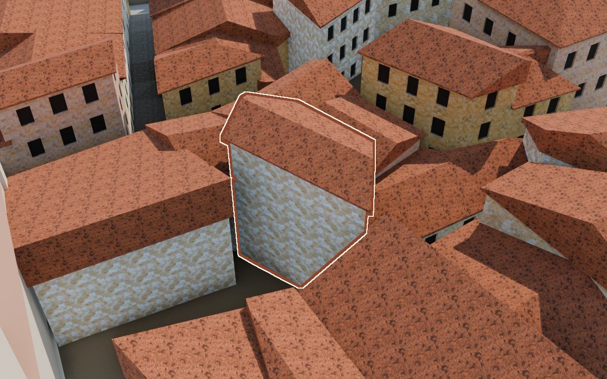 Casa cerca del Carrer de la Iglésia (Calle de la Iglesia) en la reconstrucción 3D, vista desde el lado en que mejor se ve, con su contorno marcado en teja entre las casas de alrededor