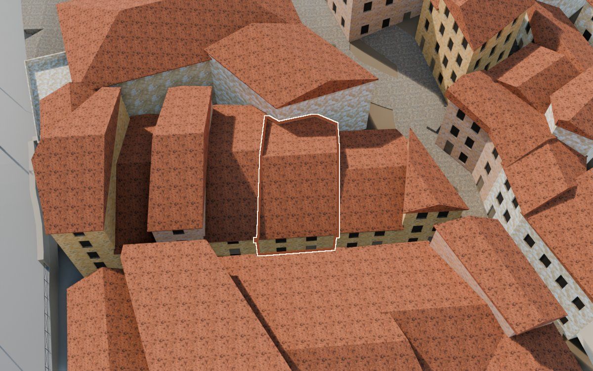 Casa del Carrer del Viudo (Calle del Viudo) en la reconstrucción 3D, vista desde el lado en que mejor se ve, con su contorno marcado en teja entre las casas de alrededor