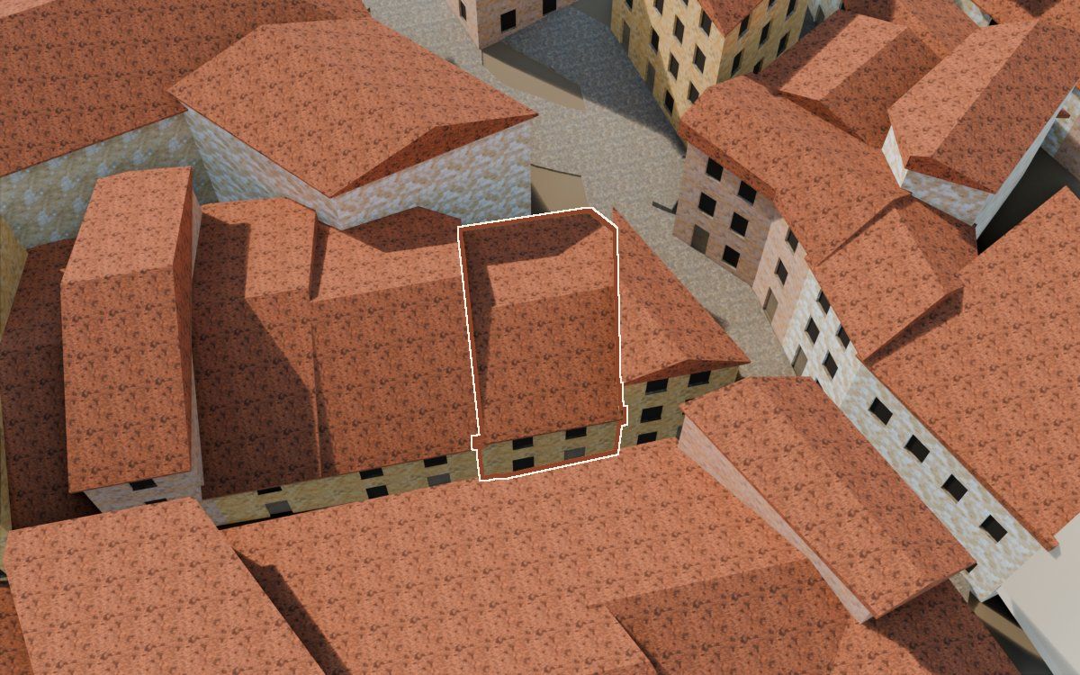 Casa del Carrer del Viudo (Calle del Viudo) en la reconstrucción 3D, vista desde el lado en que mejor se ve, con su contorno marcado en teja entre las casas de alrededor