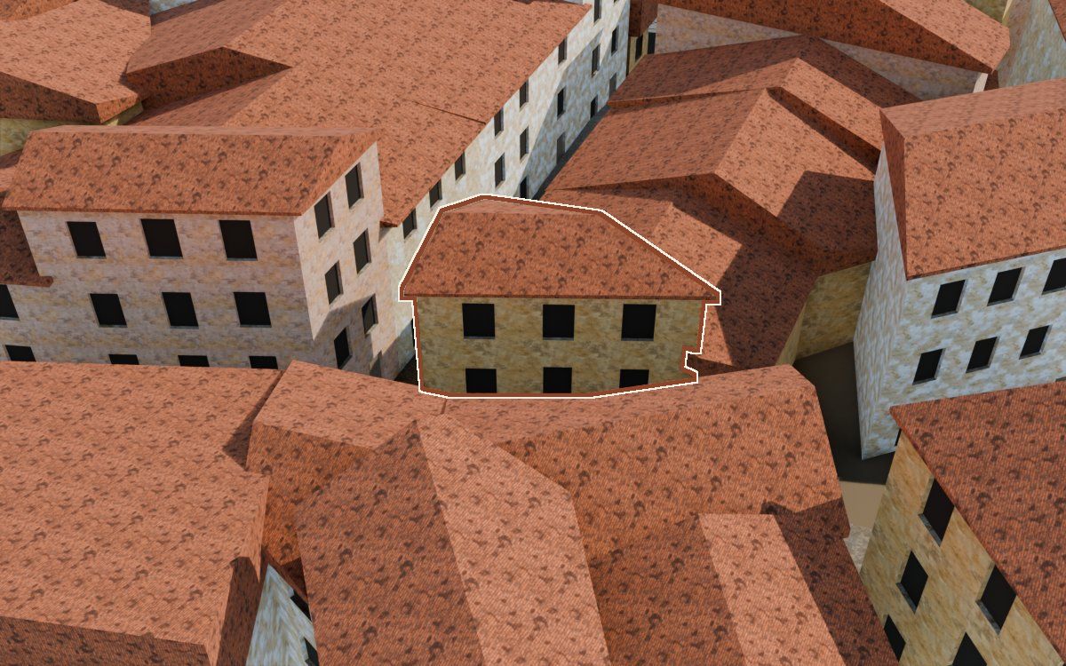 Casa del Carrer del Viudo (Calle del Viudo) en la reconstrucción 3D, vista desde su calle, con su contorno marcado en teja entre las casas de alrededor