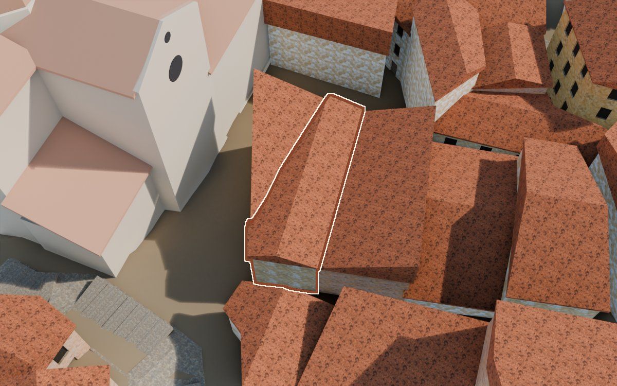 Casa cerca del Carrer Saragossa (Calle Zaragoza) en la reconstrucción 3D, vista desde el lado en que mejor se ve, con su contorno marcado en teja entre las casas de alrededor
