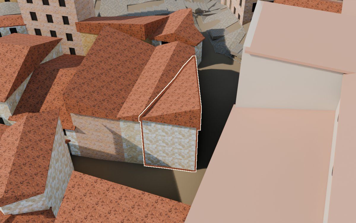 Casa cerca del Carrer Saragossa (Calle Zaragoza) en la reconstrucción 3D, vista desde el lado en que mejor se ve, con su contorno marcado en teja entre las casas de alrededor